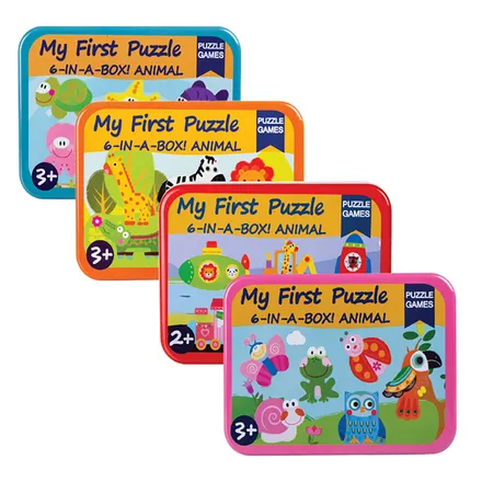 Wooden Puzzle In Tin Box, 6-Piece